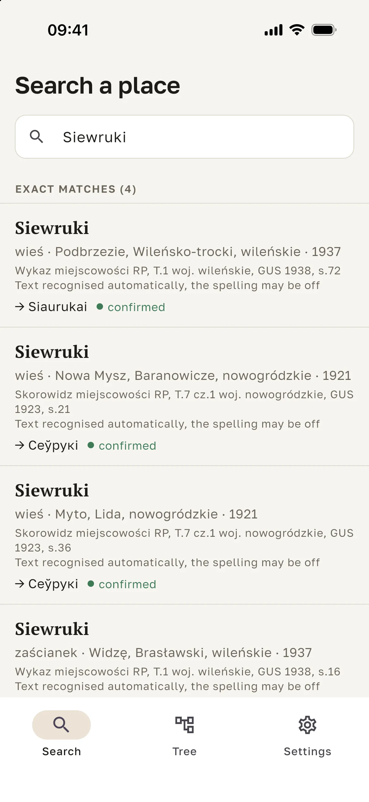 Kresopis app screen showing search results for “Siewruki”: four places, two of them with today’s name marked “confirmed”.