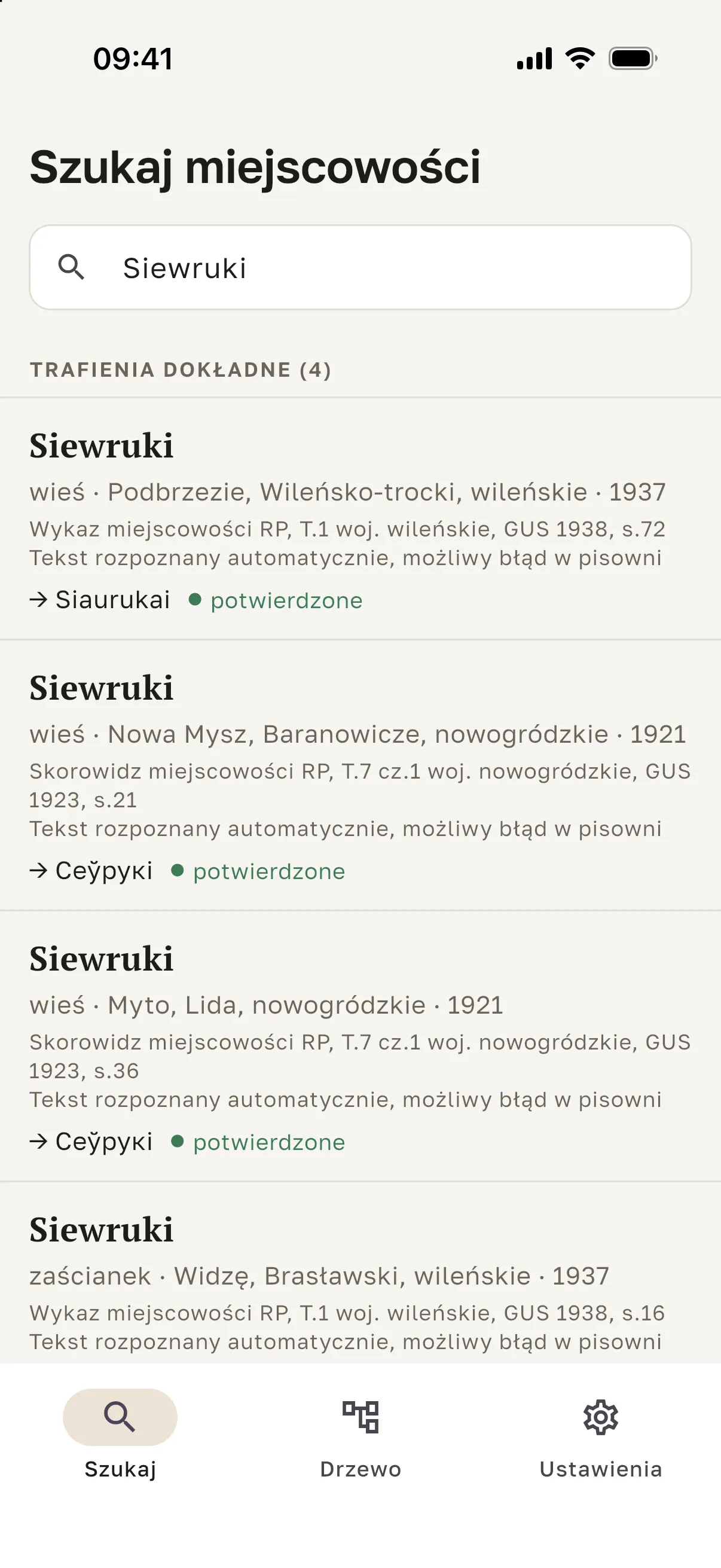 Ekran aplikacji Kresopis z wynikami wyszukiwania „Siewruki”: cztery miejscowości, przy dwóch z nich dzisiejsza nazwa z oznaczeniem „potwierdzone”.