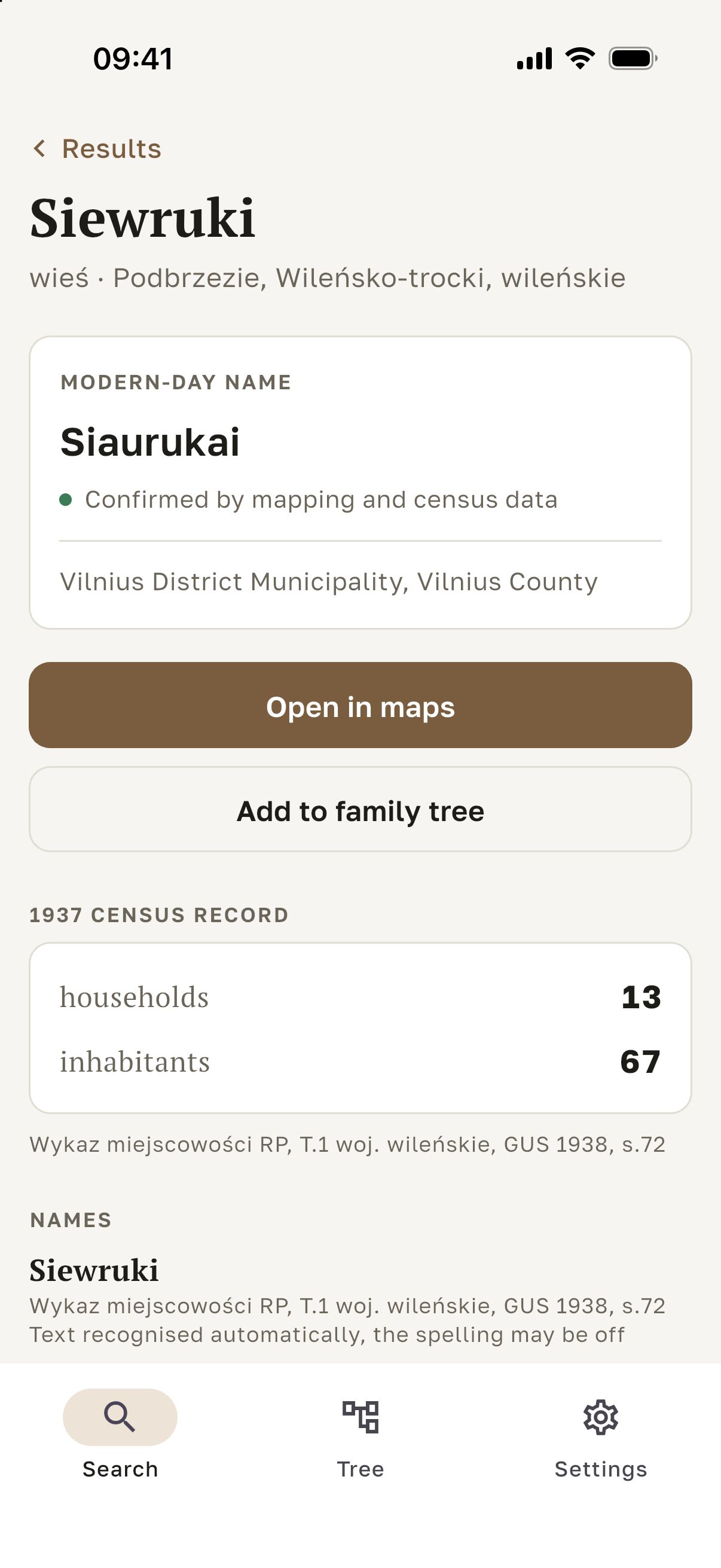 Kresopis app screen: the place card for Siewruki with today’s name Siaurukai, “Open in Maps” and “Add to tree” buttons and the 1921 census entry.