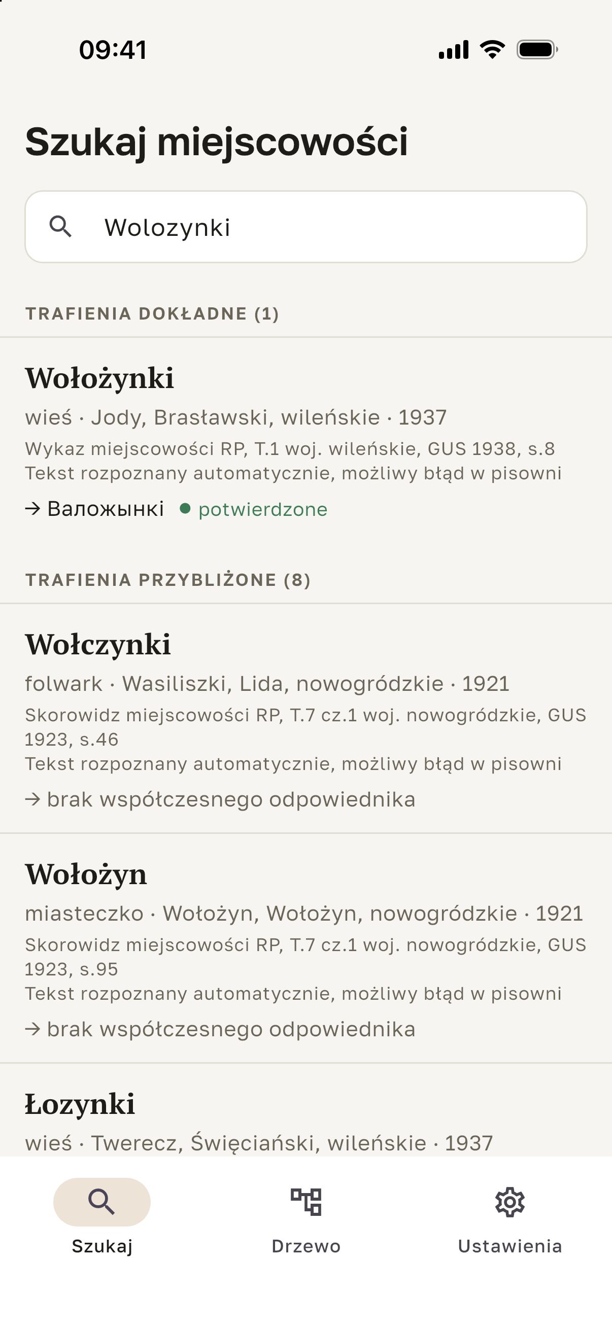 Ekran aplikacji Kresopis: wyszukiwanie „Wołożynki” z wynikami dokładnymi i przybliżonymi, przy każdym wyniku źródło i oznaczenie pewności.