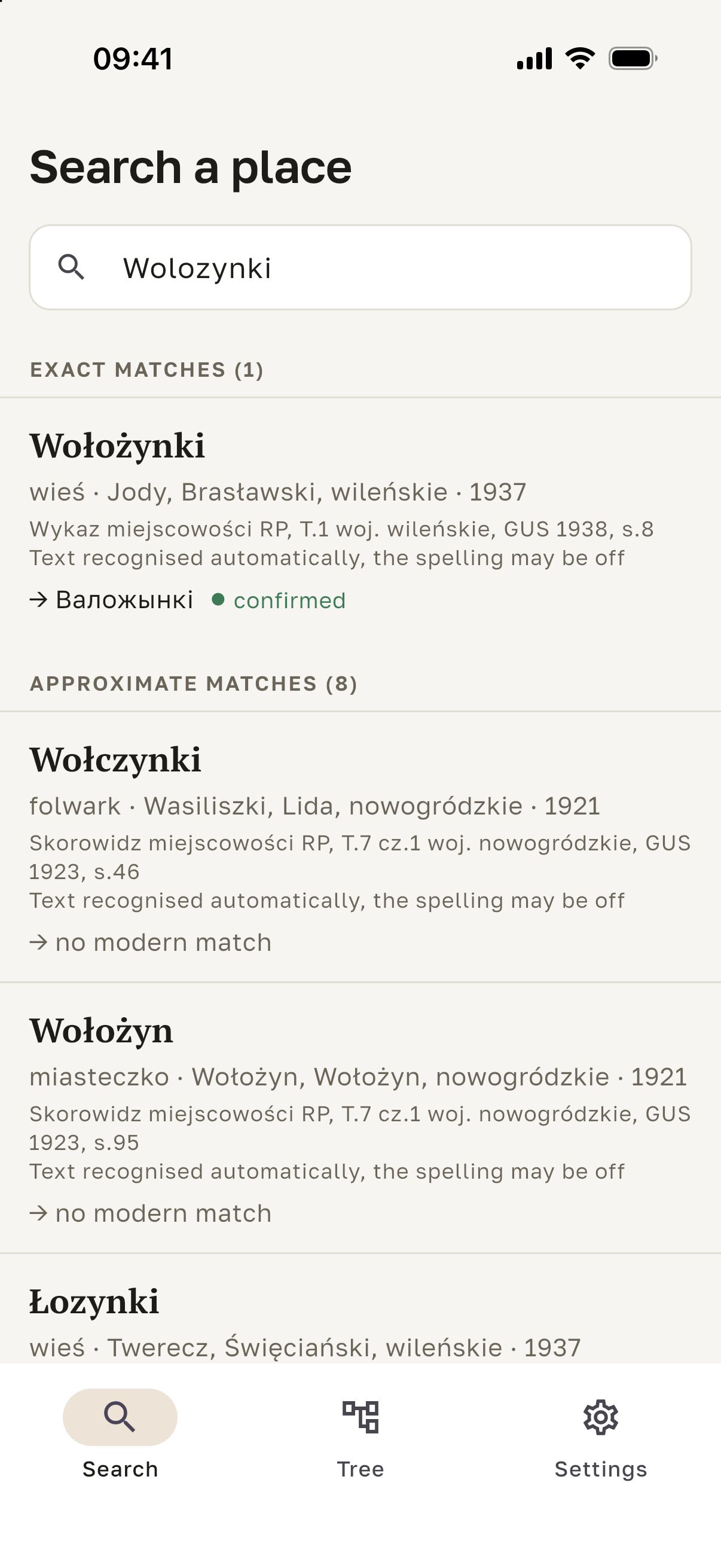 Kresopis app screen: a search for “Wołożynki” with exact and approximate matches, each result showing its source and a confidence label.