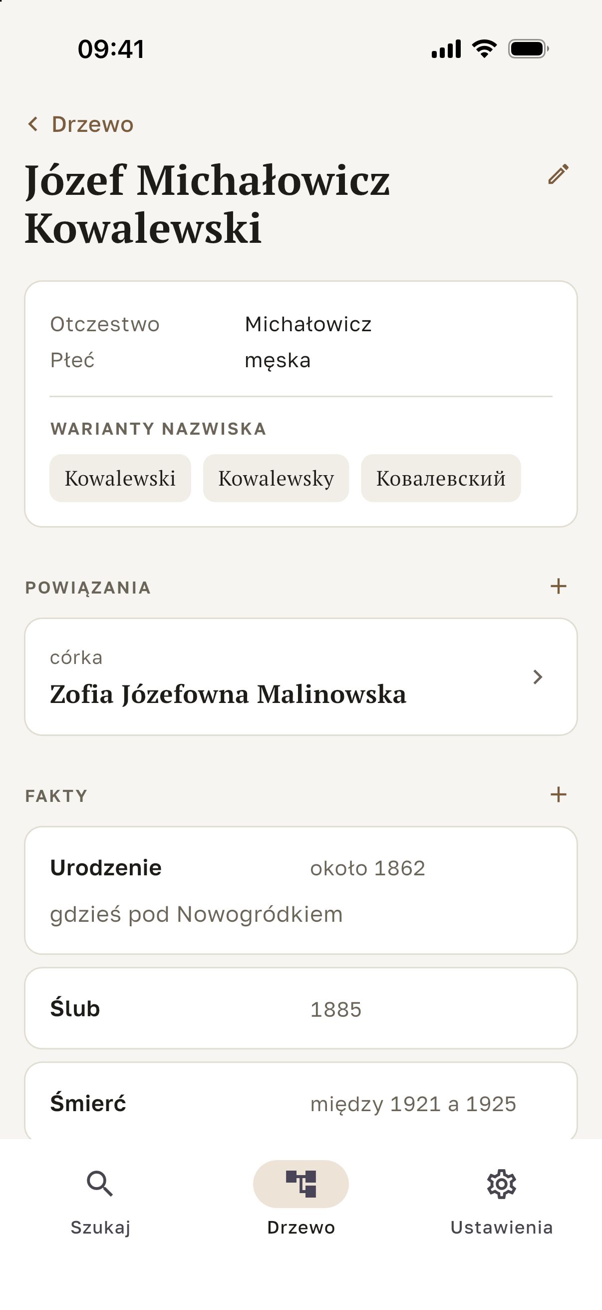 Ekran aplikacji Kresopis: karta osoby Józef Michałowicz Kowalewski z wariantami nazwiska, powiązaniami rodzinnymi i listą faktów.
