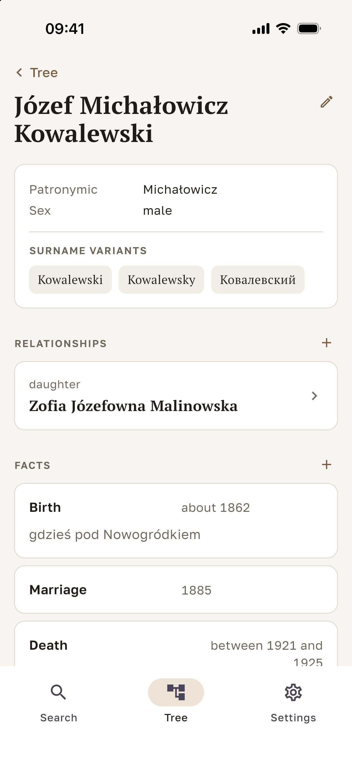 Kresopis app screen: the person card of Józef Michałowicz Kowalewski with surname variants, family relationships and a list of facts.