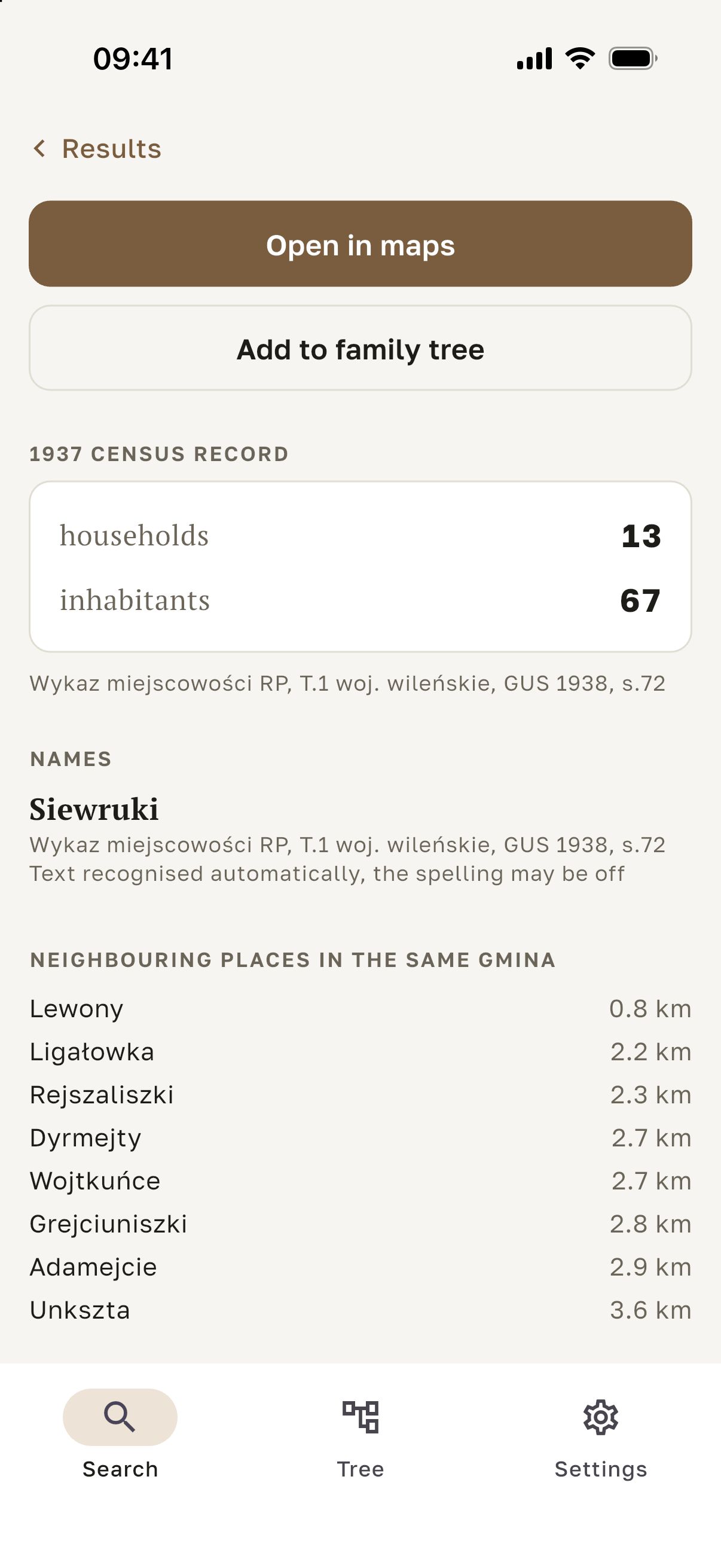Kresopis app screen: the place card for Siewruki with the 1921 census entry, its source and neighbouring places of the gmina.