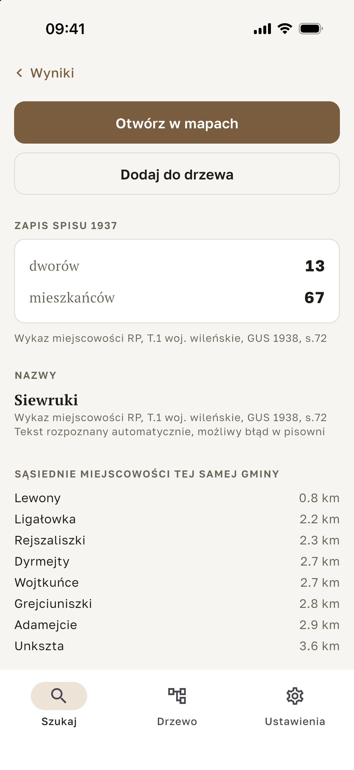 Ekran aplikacji Kresopis: karta miejscowości Siewruki z zapisem ze spisu 1921, źródłem i sąsiednimi miejscowościami gminy.